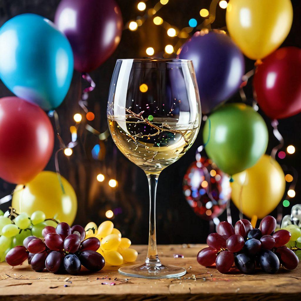 A whimsical wine glass overflowing with vibrant, colorful wine, surrounded by festive decorations and cheerful party elements like balloons and streamers. A vintage corkscrew and grapes accentuate the scene, evoking a sense of joyful celebration. Soft fairy lights twinkle in the background, adding warmth and delight. The color palette should be bright and engaging, inviting readers to immerse themselves in joyful wine experiences. super-realistic. vibrant colors. 3D.