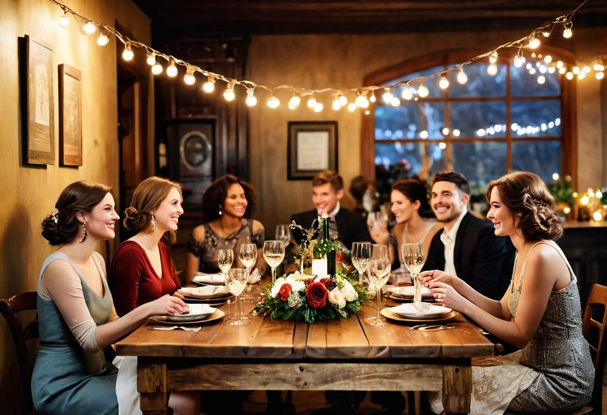A cozy, beautifully decorated vintage setting, featuring a rustic wooden table surrounded by cheerful guests enjoying wine in elegant glasses. Incorporate warm, soft lighting with string lights above, and delicate floral arrangements. Show elements of laughter and joy, with a backdrop of vintage decor items like an antique clock and framed art. Evoke a feeling of transformation from awkwardness to celebration. super-realistic. warm colors. romantic atmosphere.