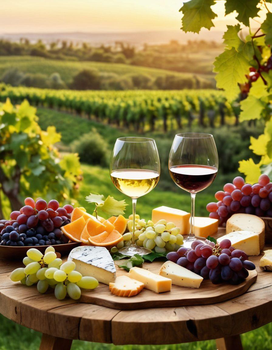 A beautifully arranged wine tasting event with elegant glasses of red and white wine, surrounded by lush green grapevines under a golden sunset. Include a rustic wooden table adorned with an artisanal cheese platter and fresh fruits, while people joyfully clink their glasses in celebration. The scene should evoke sophistication and warmth, highlighting the essence of memorable wine experiences. vibrant colors. super-realistic.